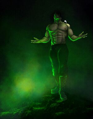 A stylized illustration of an extremely muscular man in shadow and lit only by a strong green light to his left. He is shirtless and wearing black pants and black calf-length boots. His face is obscured, but a maniacal grin can be seen. He is spreading his arms threateningly with his head tilted up.