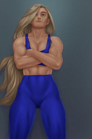 An illustration of the character "Chani" from Metacosm Chronicles. She is a muscular white woman with hip-length dark blonde hair and grey eyes. She is wearing a tight blue sports bra and leggings set, has her arms crossed over her chest, and is looking down at the viewer with a slightly amused expression.