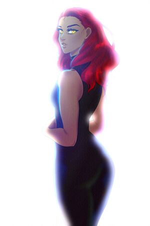 A webcomic-style illustration of the character "Redd" (a young woman with medium-toned skin, shoulder-length crimson hair, and shining golden eyes) from Metacosm Chronicles. She is wearing a black bodysuit, backlit by a bright light source, and looking over her shoulder curiously at the viewer.